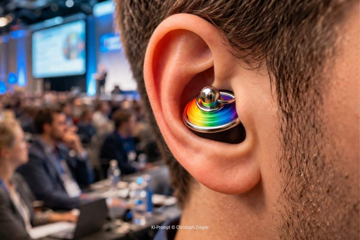 Das Bild zeigt eine Business-Situation: verschwommene Teilnehmer auf einer Konferenz im Hintergrund, im Vordergrund ein Mann, der einen regenbogenfarbenen Abflussstöpsel im Ohr hat – als Metapher für aktives Hinhören (Bildquelle: eigener KI-Prompt).